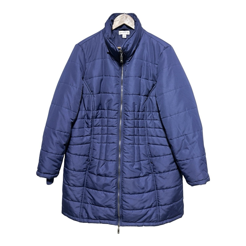Susan Graver Coat Womens L Navy Blue Puffer Zip Front Pockets Quilted